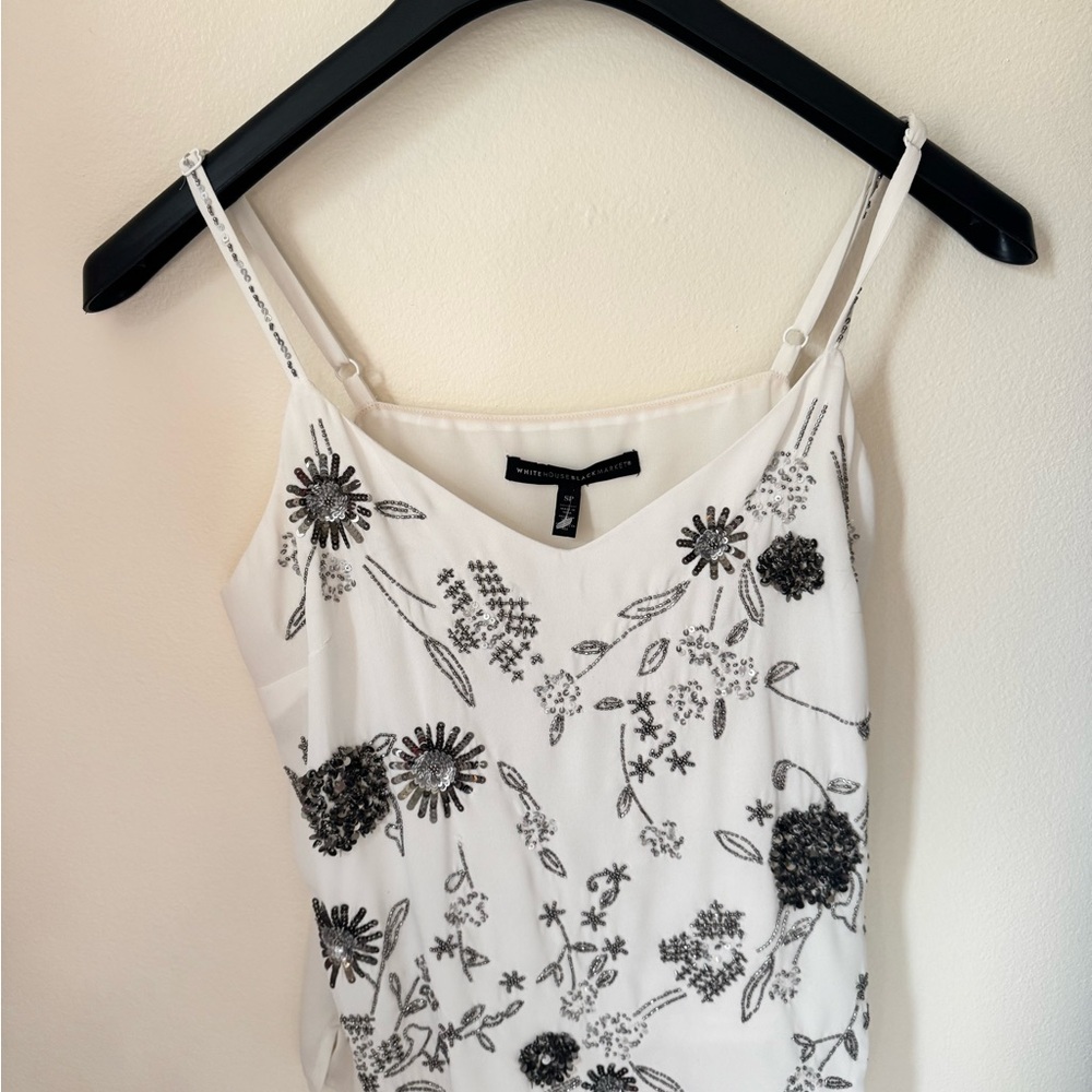 White House Black Market White Camisole with Black Floral Design